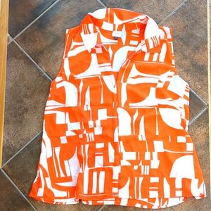 CAbi Orange and White Geometric Blouse